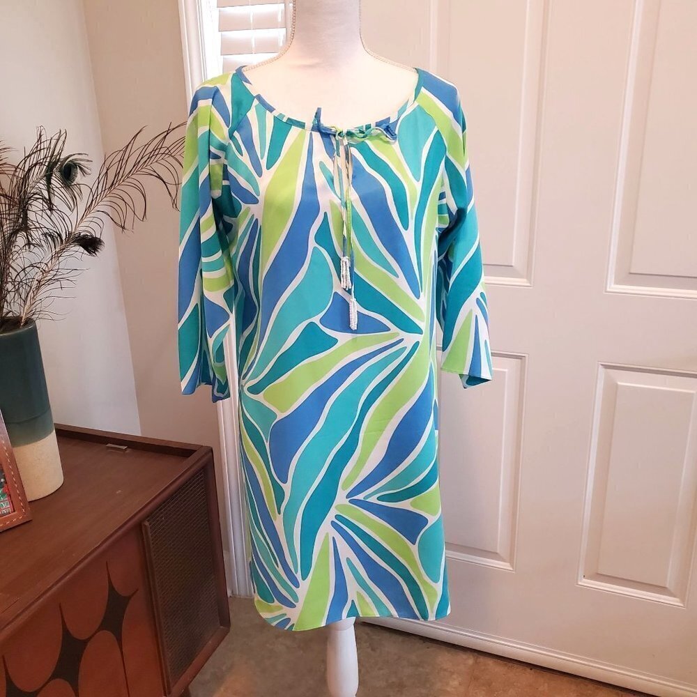 Escapada Beach Swim Cover up Womens Medium Blue Beaded Tassels 3/4 sleeves Rayon